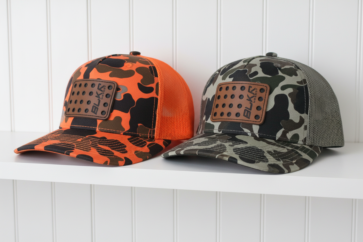 Orange and grey camo BLKR hats on white shelf
